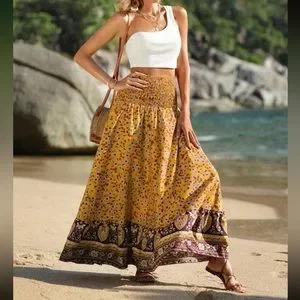 Skirts | Boho Floral Print Shirred High Waist Maxi Skirt